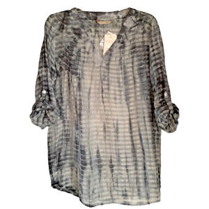 NWT Soft Surroundings Gray Tie Dye Striped Tunic Top Tab Sleeve Cotton Blend M